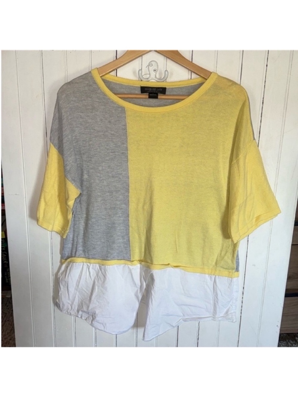 August Silk Heritage Sweater Blouse Yellow Grey White Size L